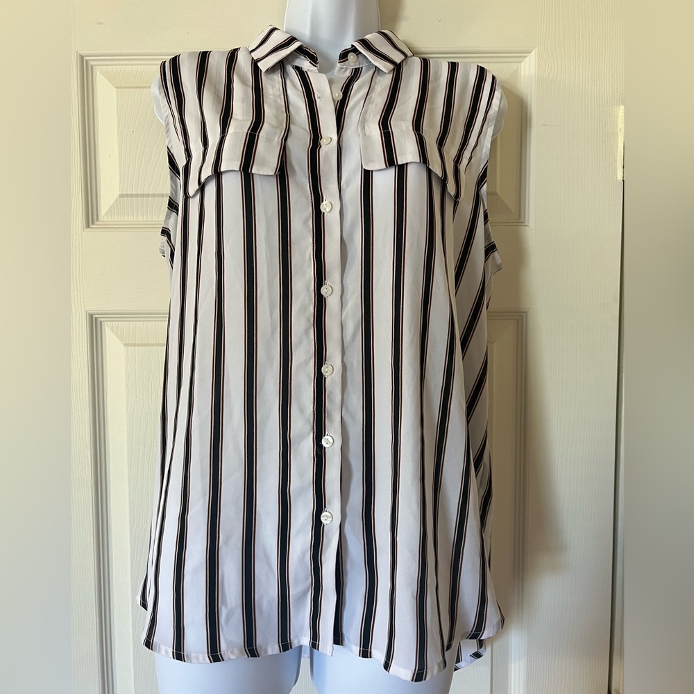 Worthington-Sleeveless Button Down Tank Top~Casual White Shirt Stripes.